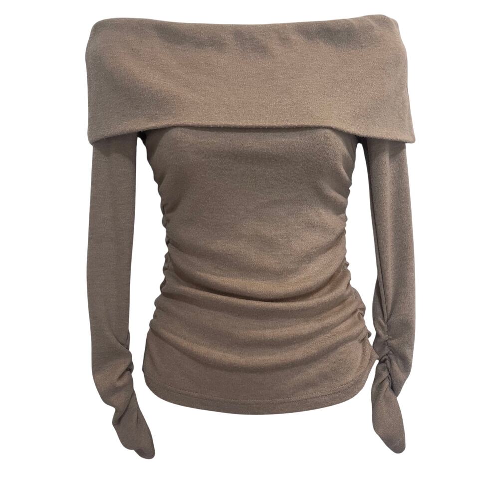 Missguided Brown Slim Off Shoulder Long Sleeve Bardot Blouse Casual Top Small